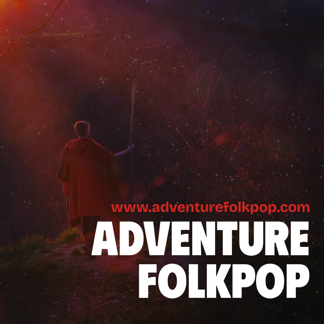 Adventure Folk-Pop Playlist Cover: A cloaked person with a large walking stick wanders through a forest